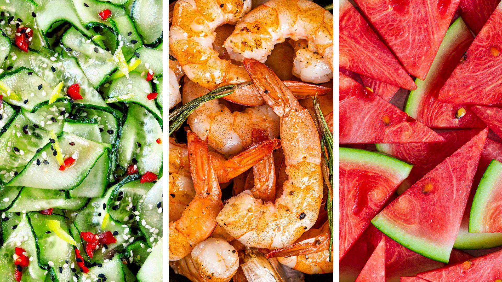 Three-way split of foods. First pic is cucumber, second is prawns and third is watermelon