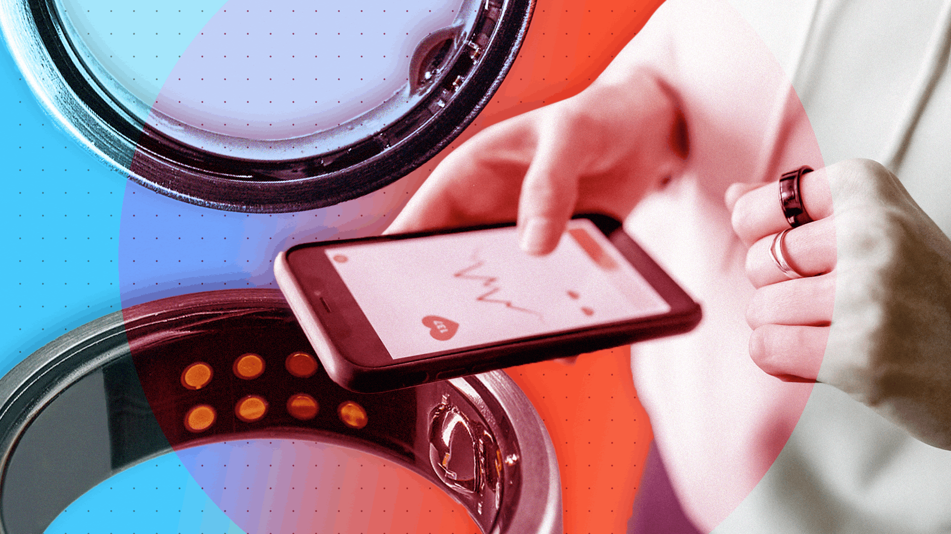A designed image showing a woman (face not shown) wearing an Oura ring and looking at health stats on her phone; on the left is a larger image of the ring. It's set against a background of blue, purple and red circles.