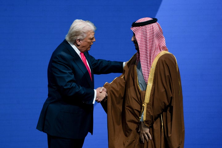 US President Donald Trump and Mohammed bin Salman, Saudi Arabia's crown prince, shake hands during the US-Saudi Investment Forum at the Kennedy Center in Washington, DC, US, on Wednesday, Nov. 19, 2025. Photographer: Stefani Reynolds/Bloomberg via Getty Images