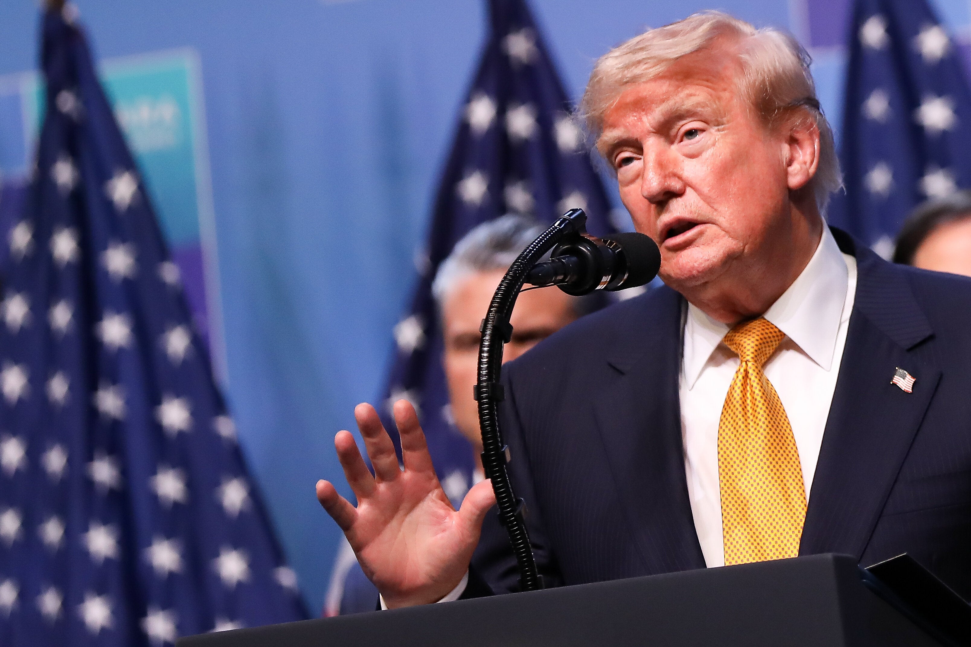 Donald Trump, President of the United States, speaks during a press conference at the NATO Summit at the Presidential Complex in Ankara, Turkiye, on July 8, 2026. The North Atlantic Treaty Organization (NATO) is an international political and military organization established by the North Atlantic Treaty, with members committed to mutual protection. This year's NATO Summit takes place in Ankara, featuring the NATO Public Forum and the NATO Summit Defense Industry Forum. (Photo by Klaudia Radecka/NurPhoto via Getty Images)