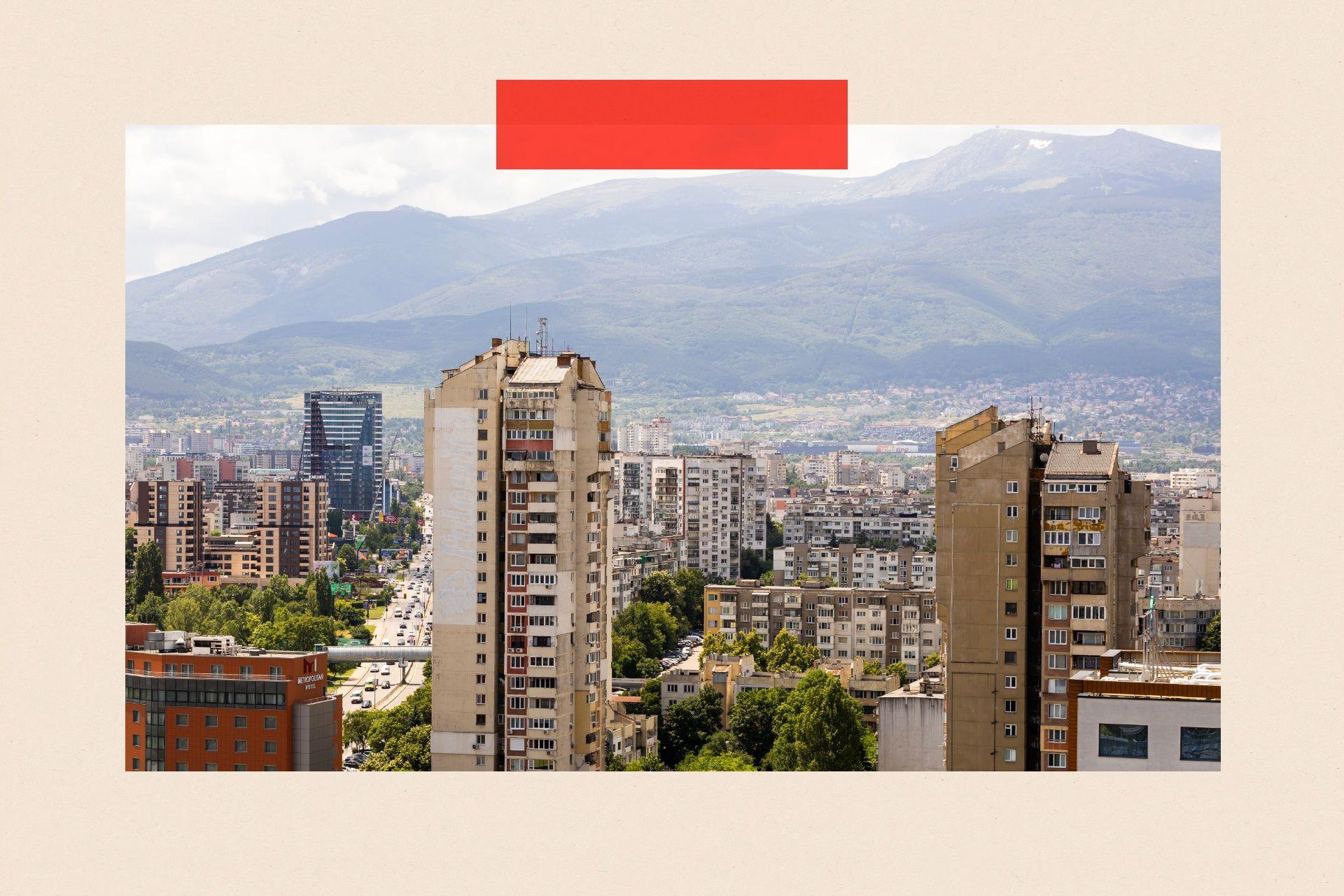 City landscape of Sofia, Bulgaria, featuring old panel buildings