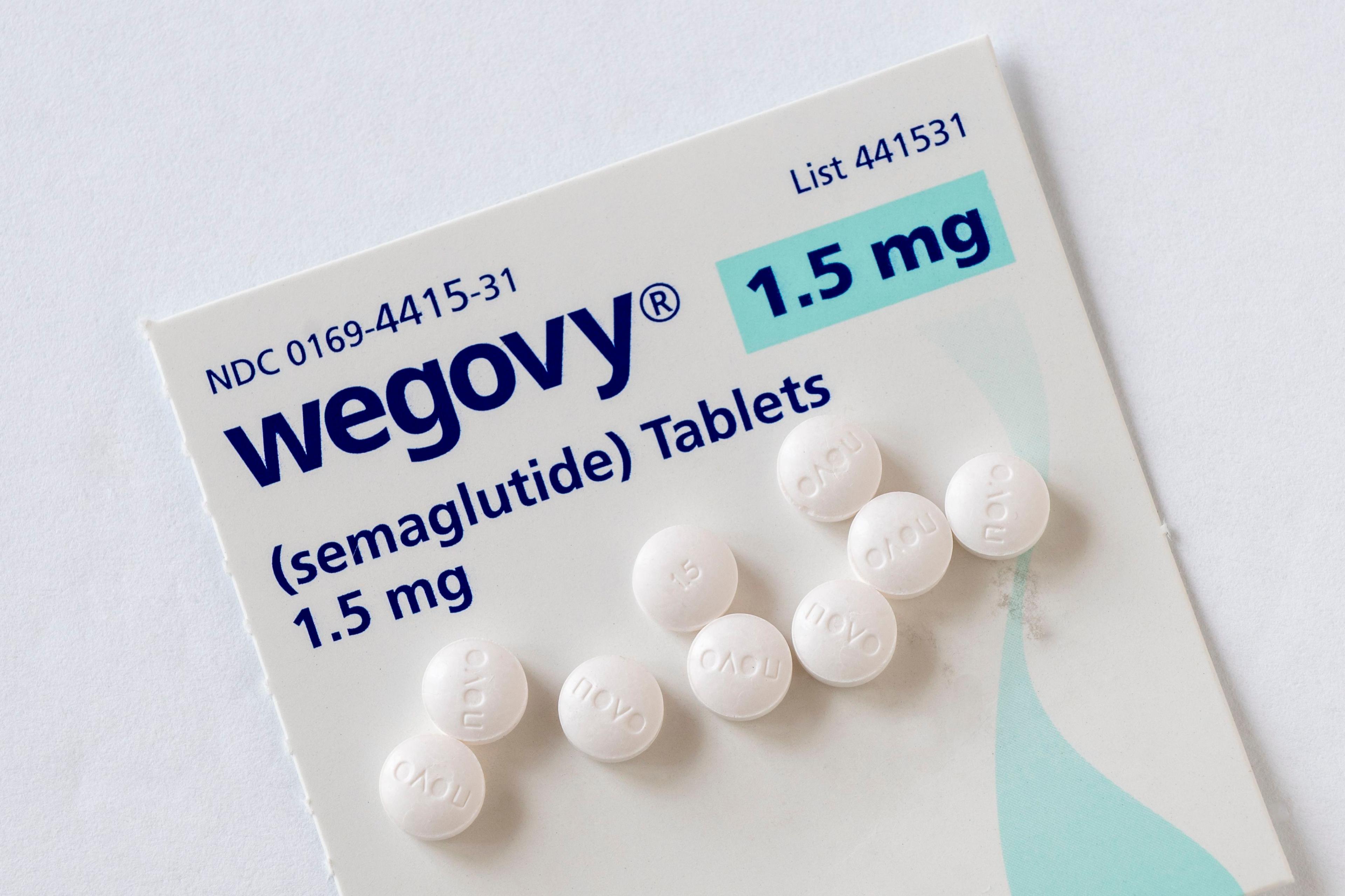 Wegovy semaglutide tablets on a white background. Its a prescription medicine used with a reduced calorie diet and .and physical activity. 