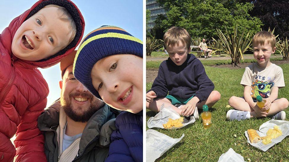 A composite picture: On the left side, six-year-old twins Kit and Ollie lean into the camera with their dad in between them - they are wearing jackets and hats, and there's clear blue sky behind them. On the right side, the boys sit cross-legged on some grass while picnicking, eating a sausage roll and some crisps in broad sunshine