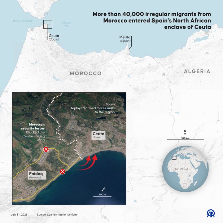 ANKARA, TURKIYE - JULY 31: An infographic titled "More than 40,000 irregular migrants from Morocco entered Spain's North African enclave of Ceuta" created in Ankara, Turkiye on July 31, 2026. (Photo by Yasin Demirci/Anadolu via Getty Images)