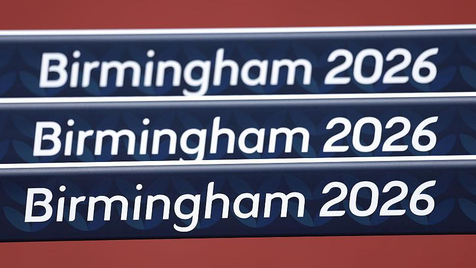 Three hurdles promoting Birmingham 2026 lined up in a row