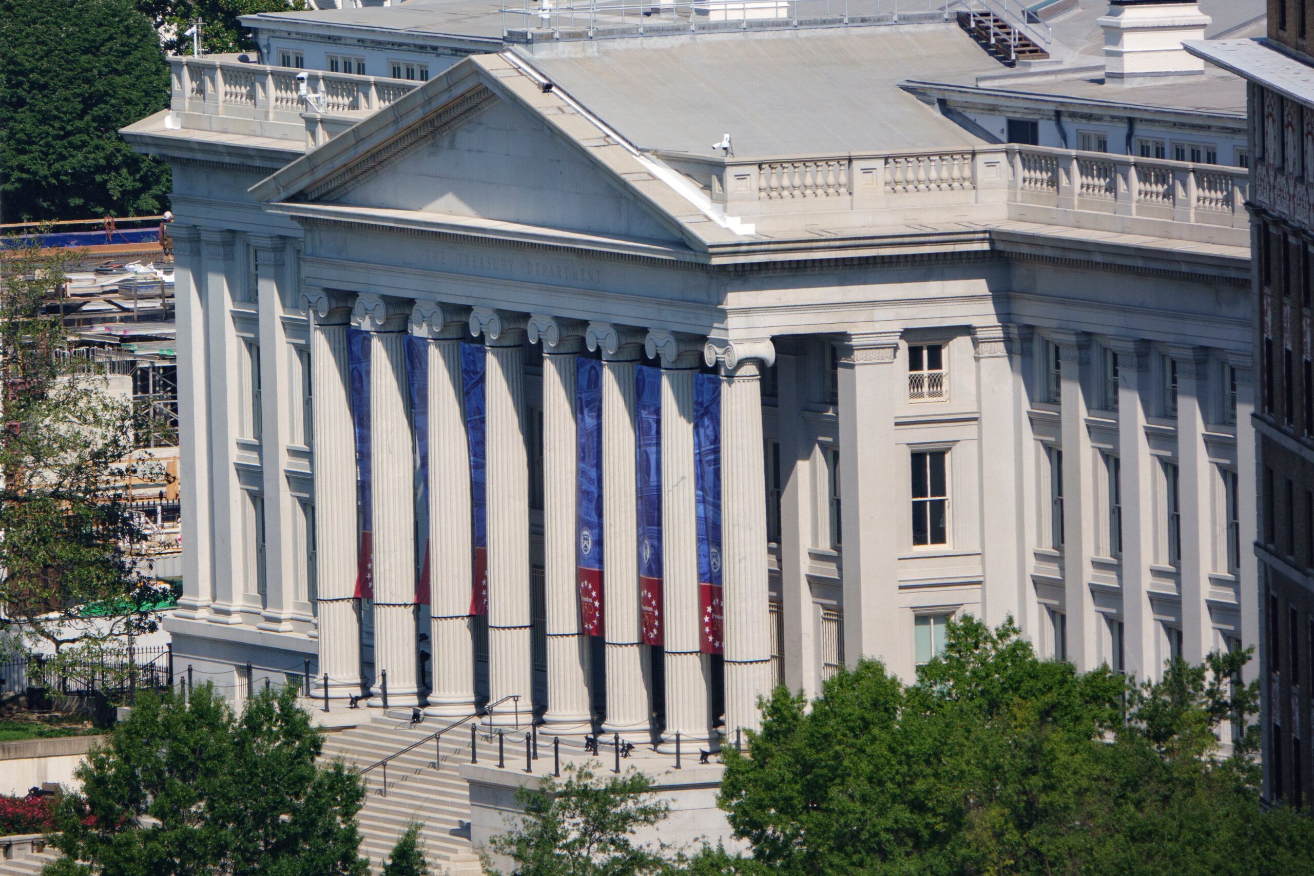 WASHINGTON, DC - AUGUST 8: The U.S. Treasury Department Building is seen on August 8, 2026 in Washington, DC. (Photo by Kevin Carter/Getty Images)