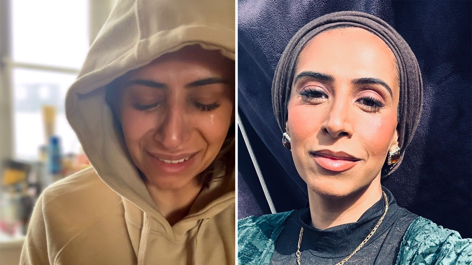 Split pic of 42-year-old Annika Waheed. On the left, Annika is wearing a white hoodie with the hood up. She has her eyes closed and her face is tear-stained. On the right, she is wearing make-up and smiling at the camera.