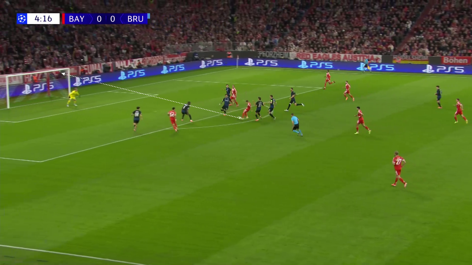 Screengrab from the build-up to Lennart Karl goal against Club Brugge in the 2025-2026 season. 