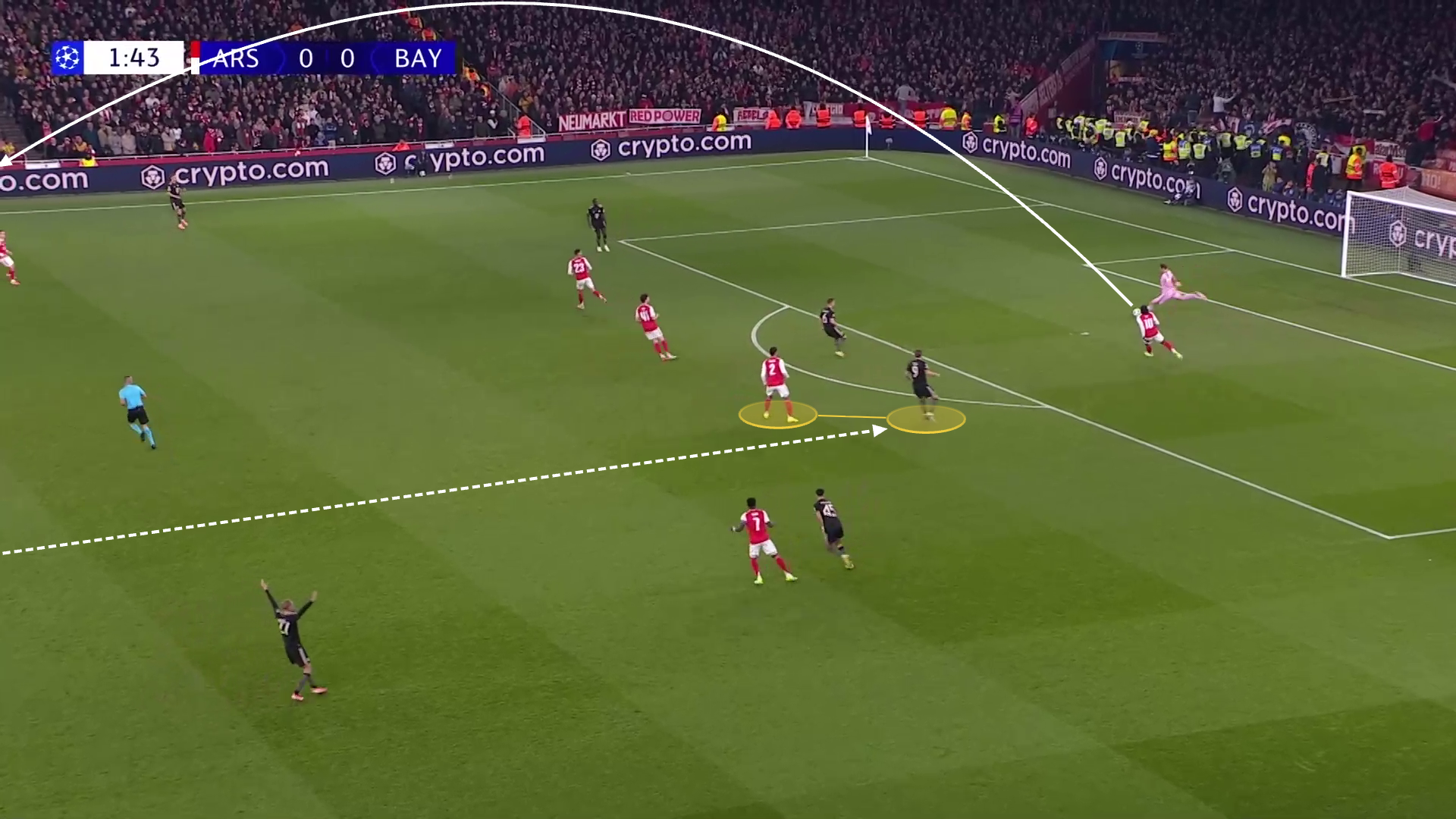 A screengrab from Arsenal against Bayern Munich in last season's Champions League tie, showing Kane dropping deep against William Saliba. 