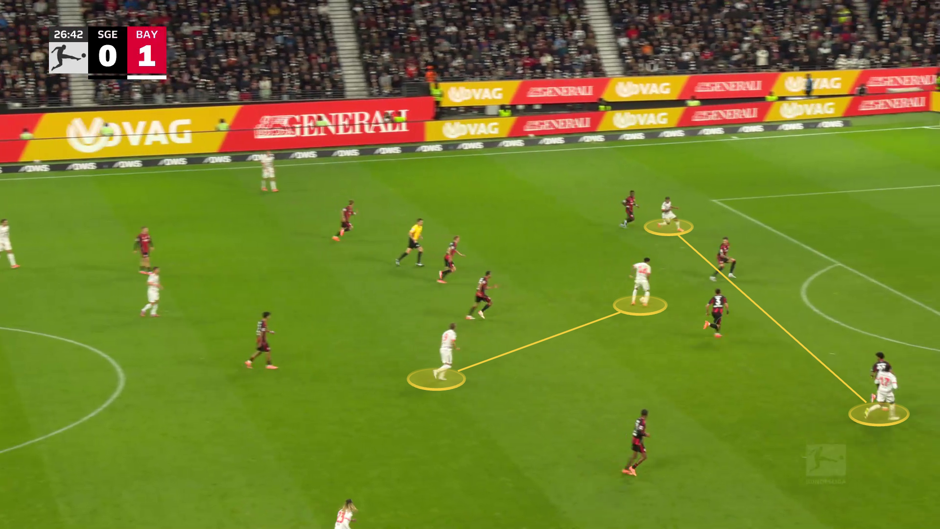 Screengrab from the build-up to Harry Kane's goal against Eintracht Frankfurt in the 2025-2026 season. 