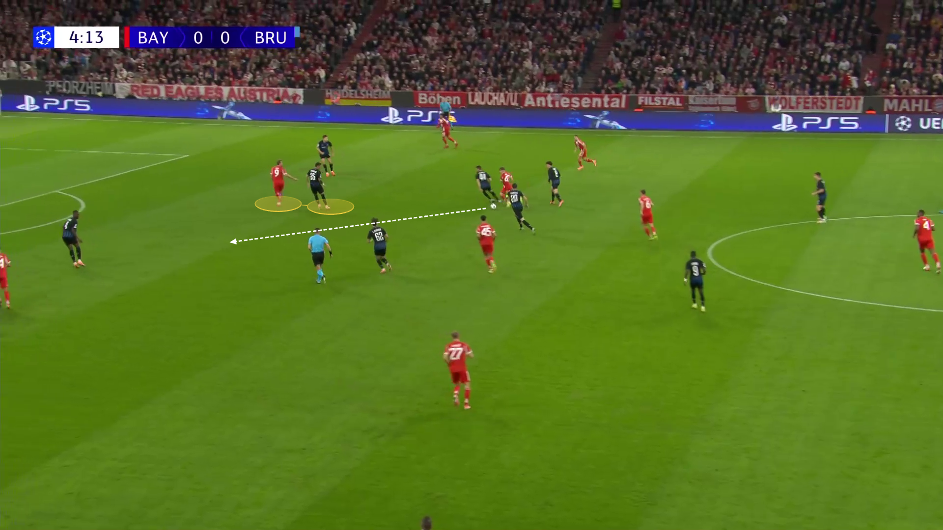 Screengrab from the build-up to Lennart Karl goal against Club Brugge in the 2025-2026 season. 