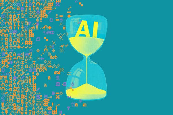 An hourglass with the letters A.I. in the top chamber in Hard Fork blue and yellow with digital overlay.