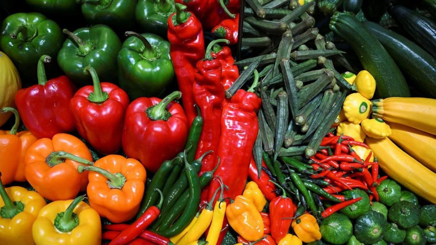 A variety of vegetables including peppers, chillies, squashes and courgettes. There are a variety of colours including green, red, orange and yellow. 