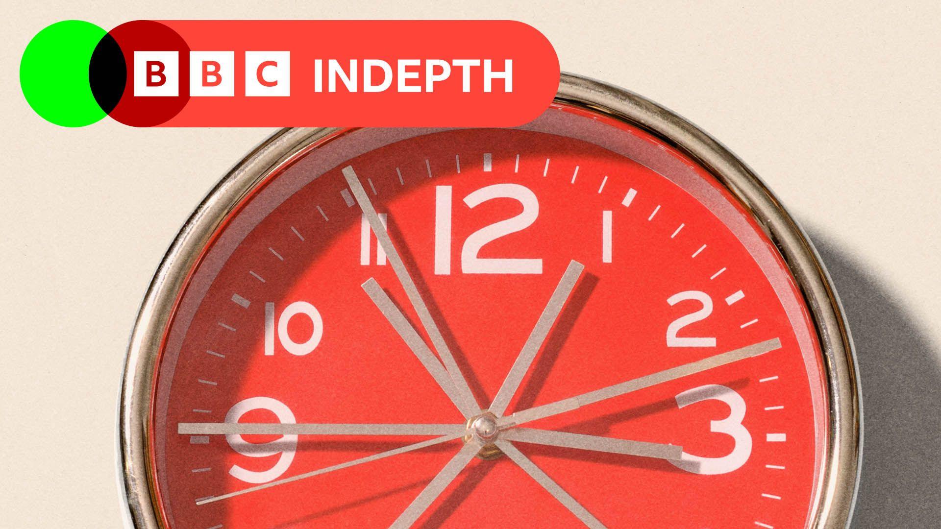 A red clock showing grey whirring hands, on the upper left there is a red logo which reads BBC InDepth in white lettering