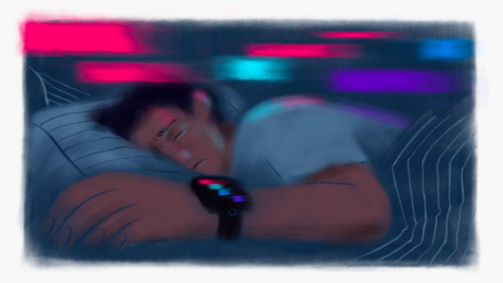An illustration of a man asleep, with a concerned look on his face, wearing a smart watch with four coloured streaks on the screen; the colours seem to be reflecting onto the wall and the man's face and body as he tries to sleep.