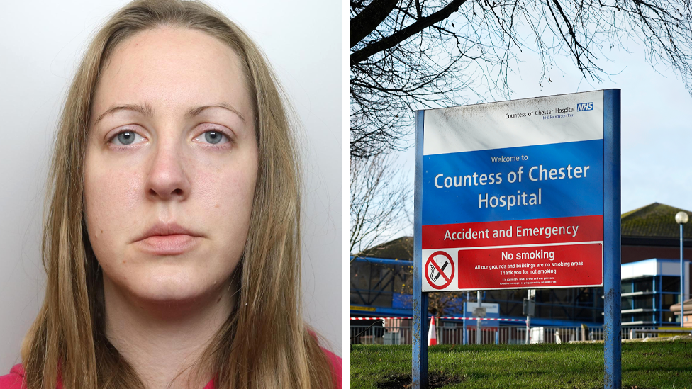A split composite of Lucy Letby's mugshot and the sign outside Countess of Chester Hospital