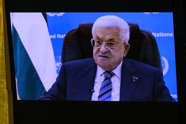 Palestinian President Mahmoud Abbas virtually addresses the 81st session of the United Nations General Assembly in New York City on Sept. 24, 2026. The Palestinian Authority leader spoke to leaders from his office in Ramallah after the United States denied him and other top Palestinian officials visas to attend the gathering for the second year in a row.