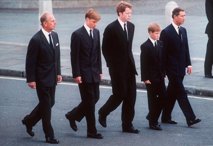 Prince Philip, Prince William, Earl Spencer, Prince Harry and Prince Charles, follow the coffin of Diana, Princess of Wales, on Sep. 6, 1997. The funeral took place seven days after she was killed in an automobile accident in Paris.