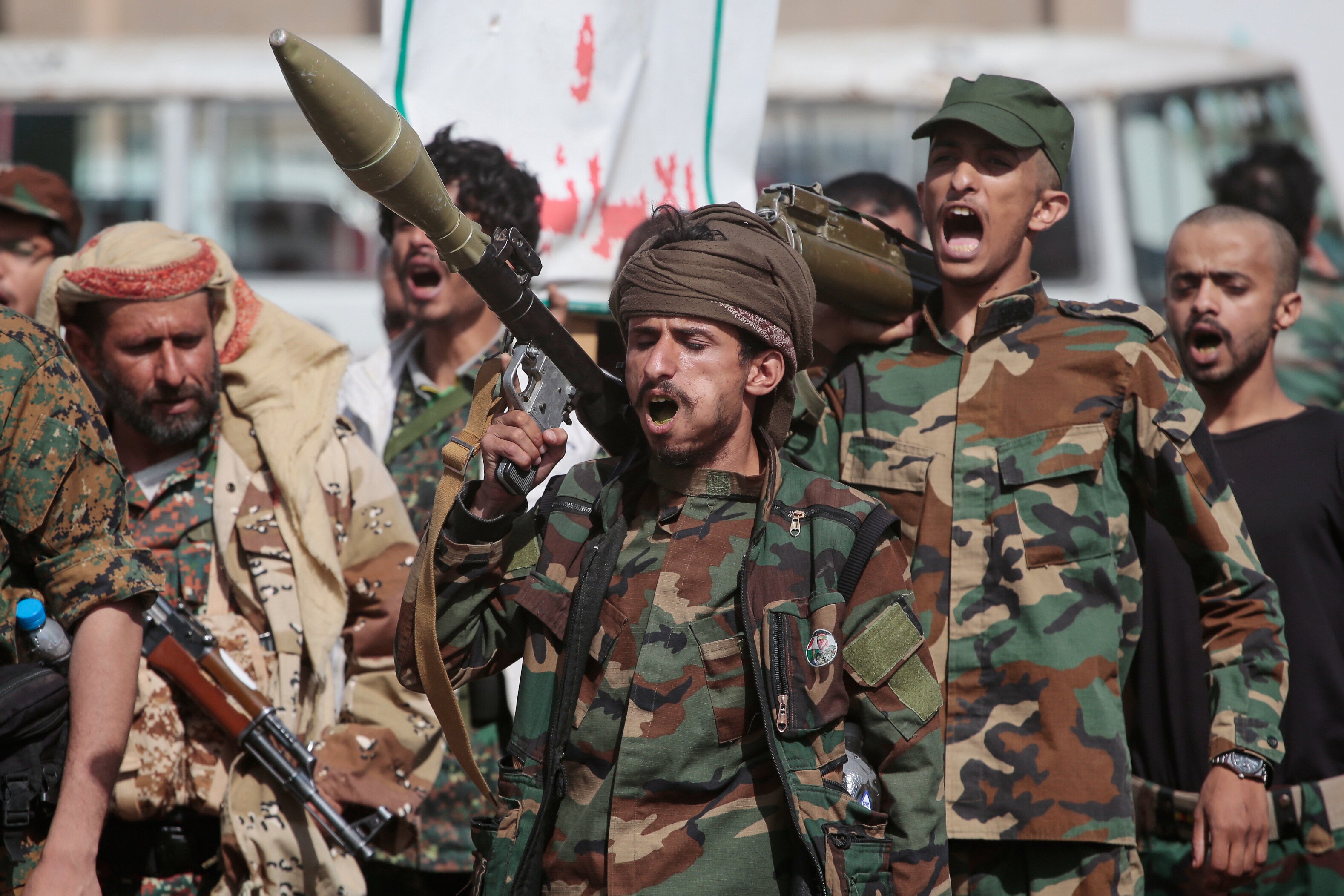Yemen's Houthi rebels march during a mobilization campaign in Sanaa, Yemen, Thursday, Sept. 10, 2026. (AP Photo)