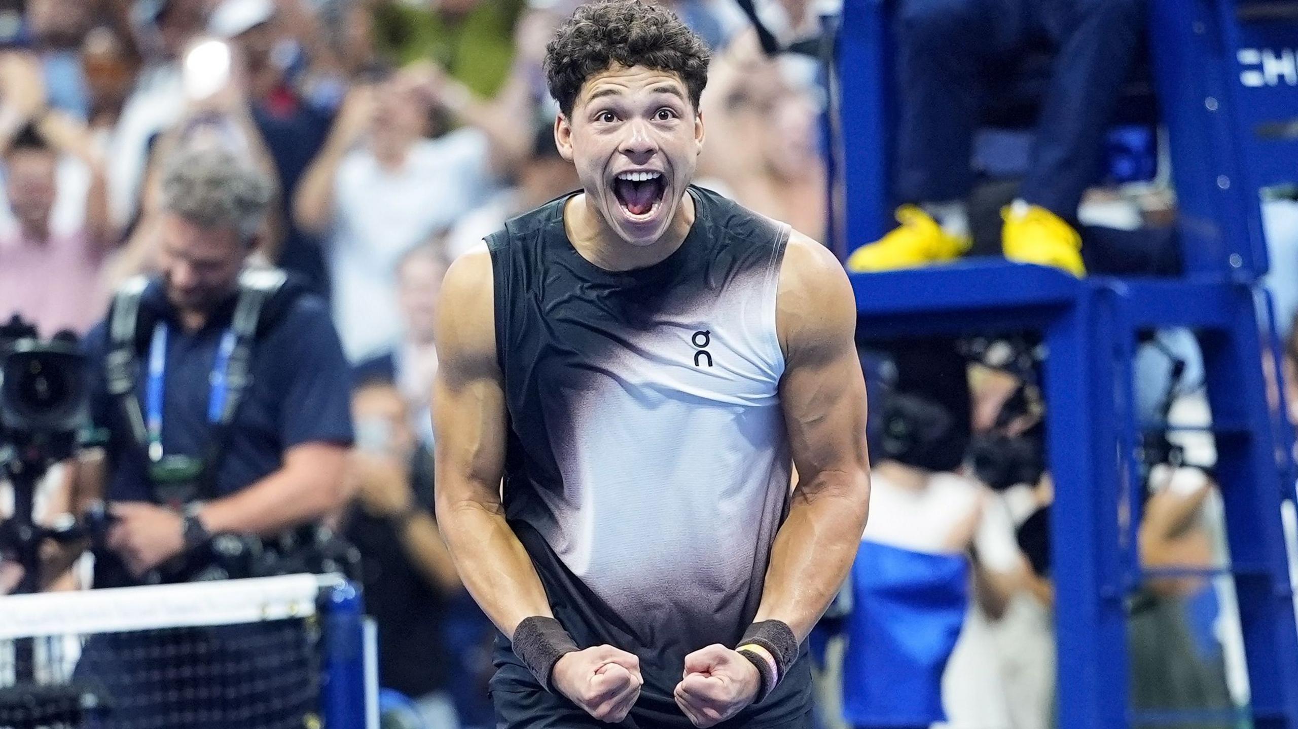 Ben Shelton celebrates his US Open quarter-final victory over Carlos Alcaraz