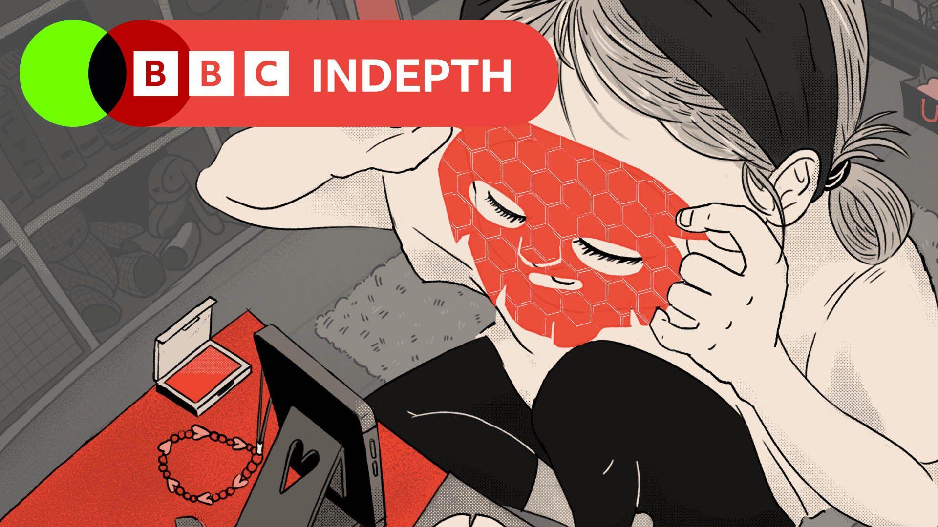 An illustration of a girl applying a red sheet face mask