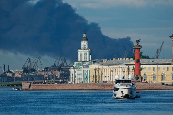 A plume of black smoke rises over the port of St. Petersburg, Russia, on June 3, 2026, after a Ukrainian drone attack.