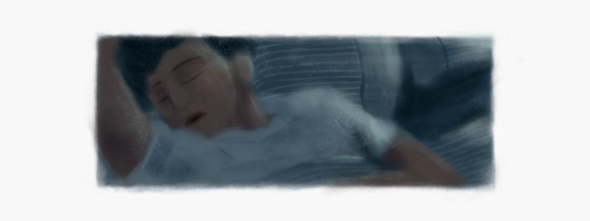 Illustration of a person lying asleep in bed beneath white bedding, surrounded by soft blue tones and low light.