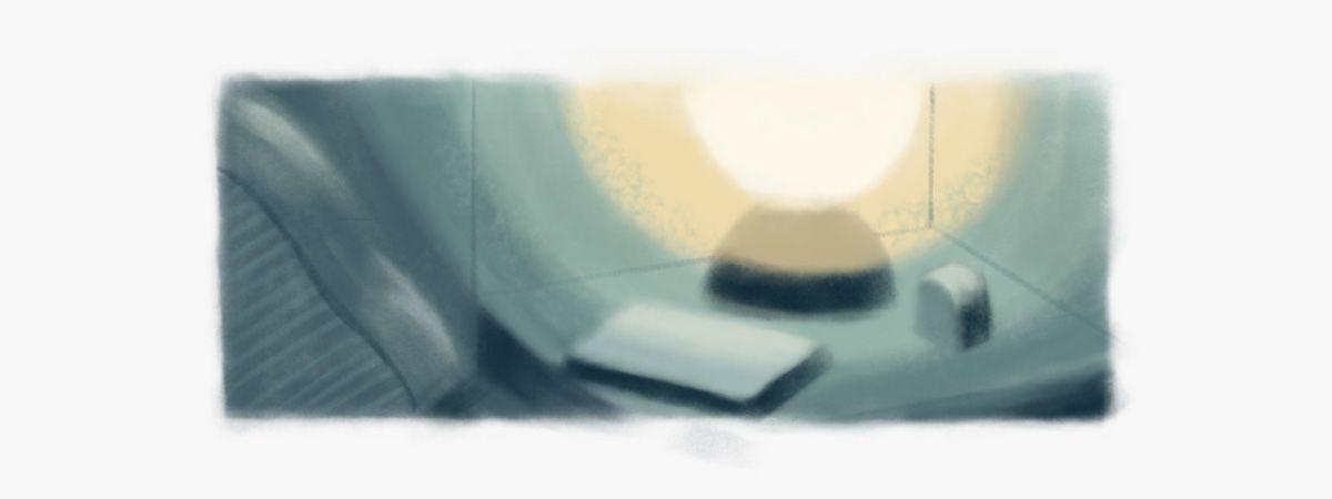 Illustration of a bedside table with a glowing lamp, a closed book and a small clock, casting warm light across a dimly lit bedroom.