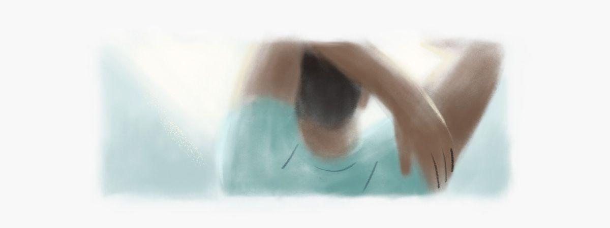 Illustration of a person stretching their left arm behind their head