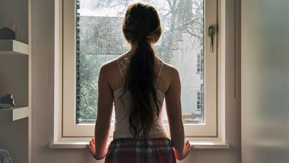 A young girl with a ponytail staring out of a window, seen from behind