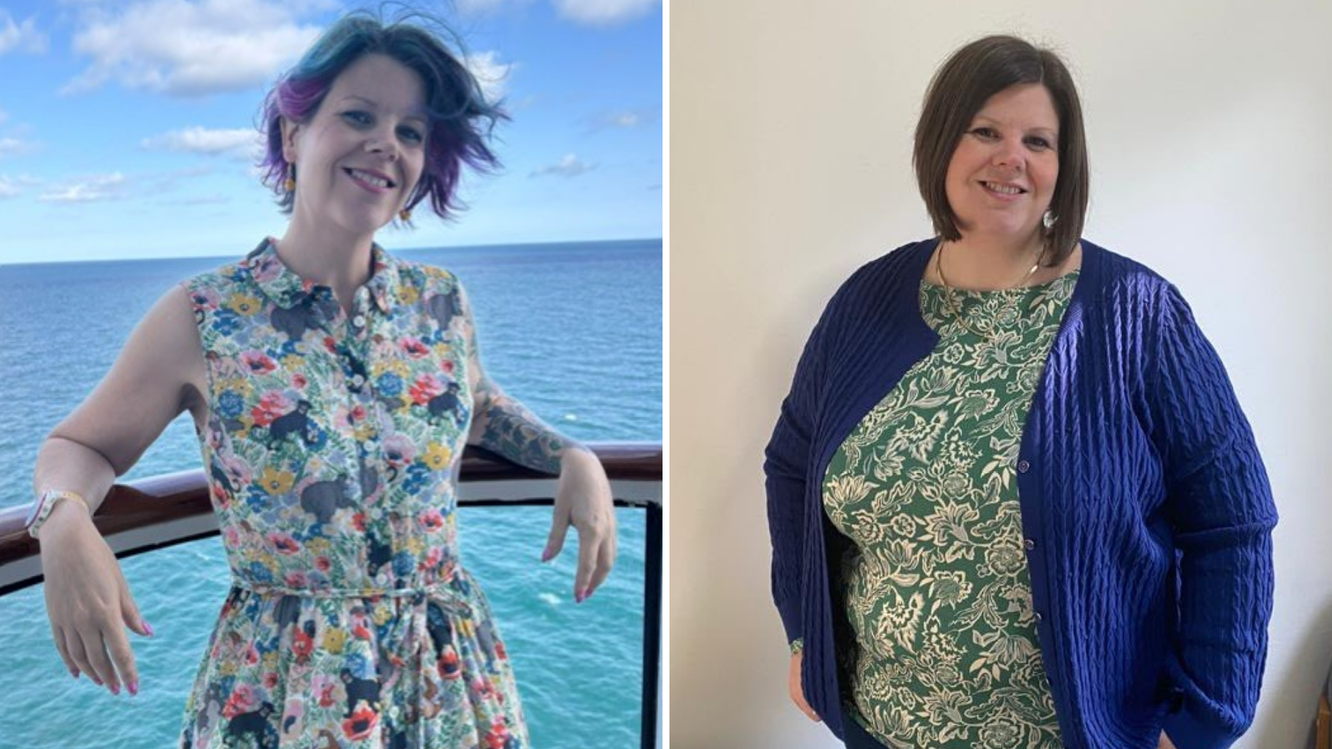 A side by side image of Carys Thurlby. In the left image she is leaning on a glass balcony in a floral patterned dress. In the right image she is wearing a floral green dress and a blue cardigan.