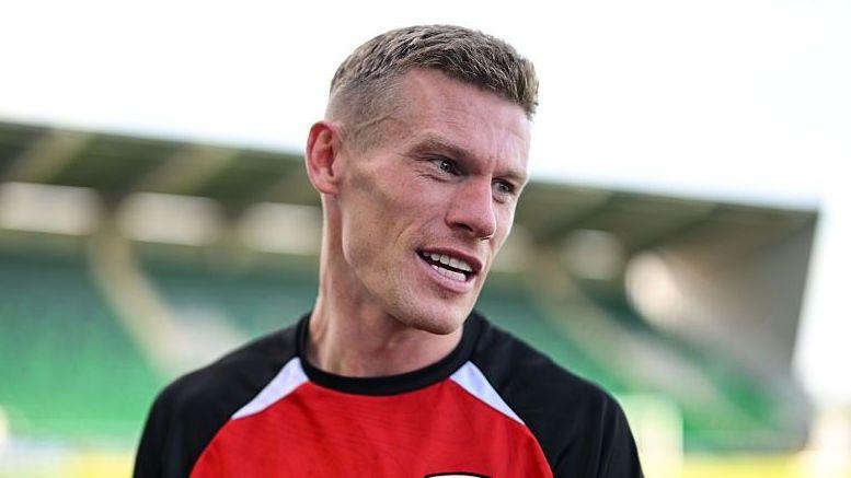 James McClean of Derry City before the SSE Airtricity Men's Premier Division match between Shamrock Rovers and Derry City at Tallaght Stadium in Dublin in June 2026
