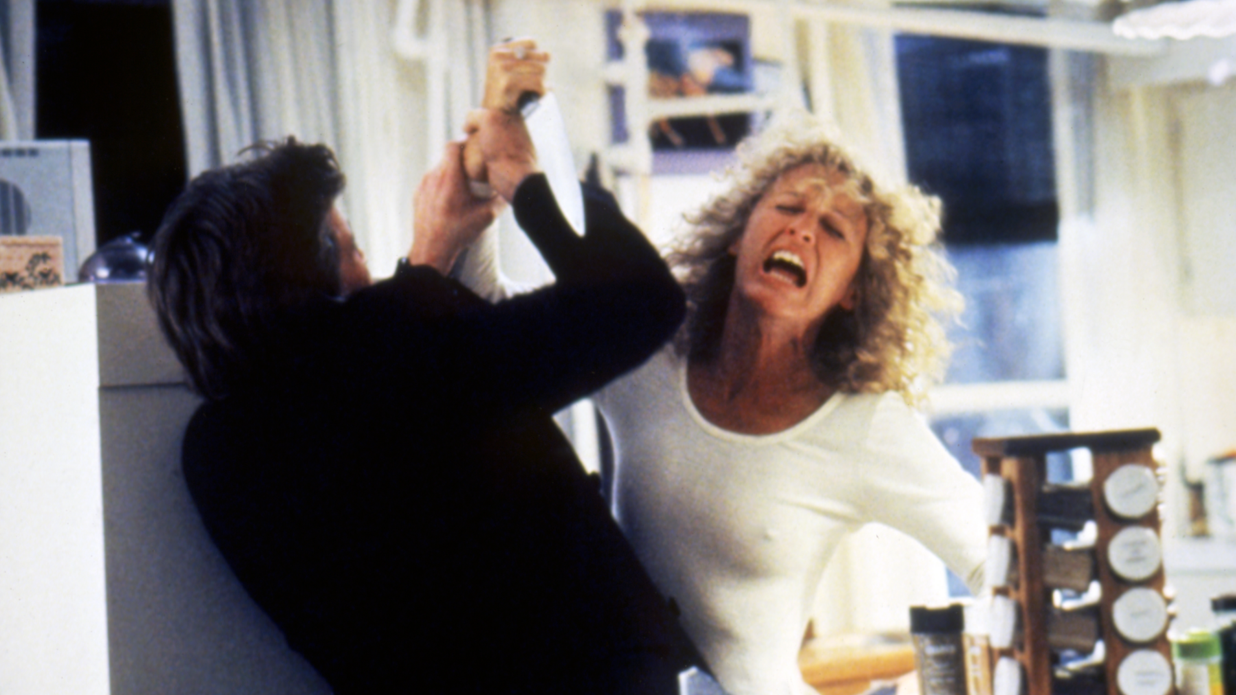 Screengrab from Fatal Attraction film with Glenn Close's character attacking Michael Douglas's character 