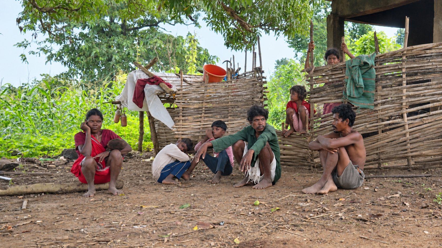 Three children and four adults around a bamboo fence in the remote Bondari village in India's Madhya Pradesh