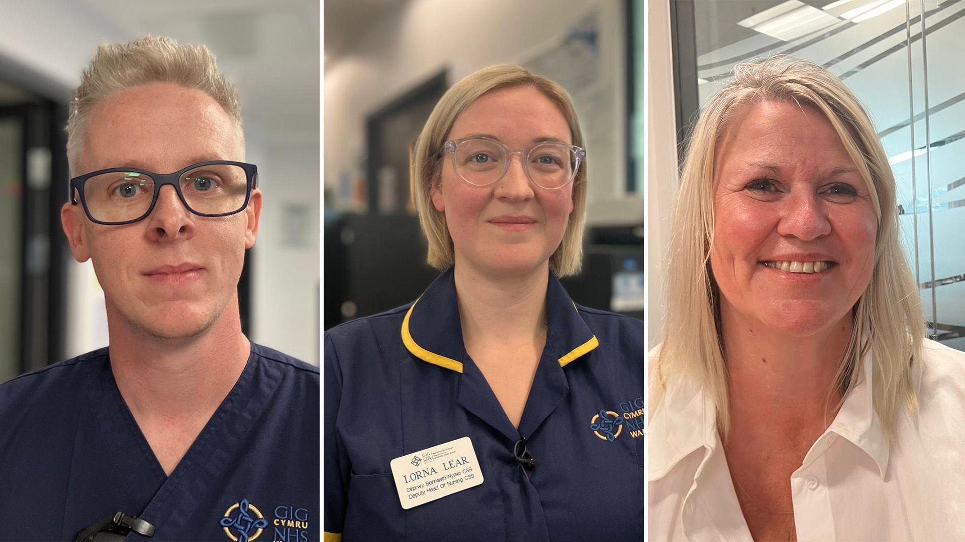 Comp image of three hospital workers. Left to right: a man with blonde hair and glasses, a woman with blonde hair and glasses, and a woman with long blonde hair. They are all smiling at the camera.
