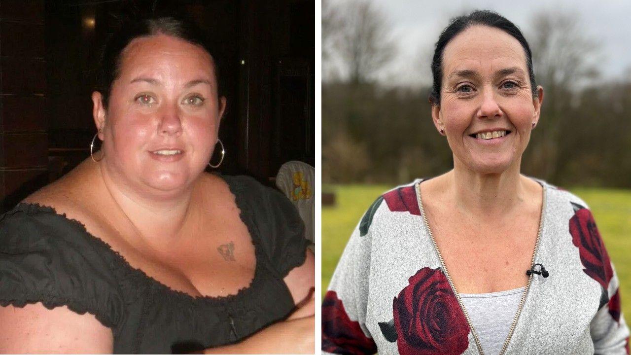 Two pictures of Angela Chesworth. On the left she is overweight, wearing a black top. On the right, she has lost weight an is standing in a garden wearing a grey cardigan with large red roses.