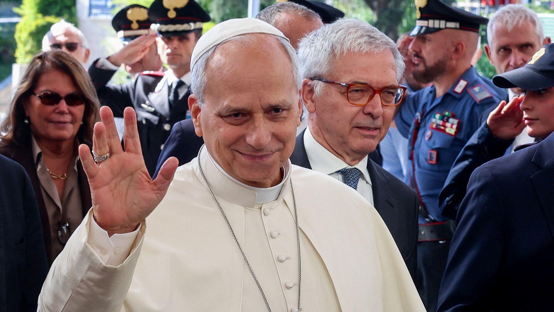 Pope Leo arrives at Gemelli Hospital ahead of the pontiff's surgery to remove a lung nodule, in Rome, Italy, October 13, 2026. 