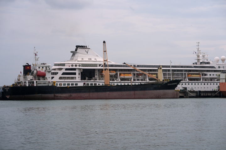 The MV Odyssey is seen docked at the Sihanoukville Autonomous Port in Sihanoukville, Cambodia, on Oct. 28.